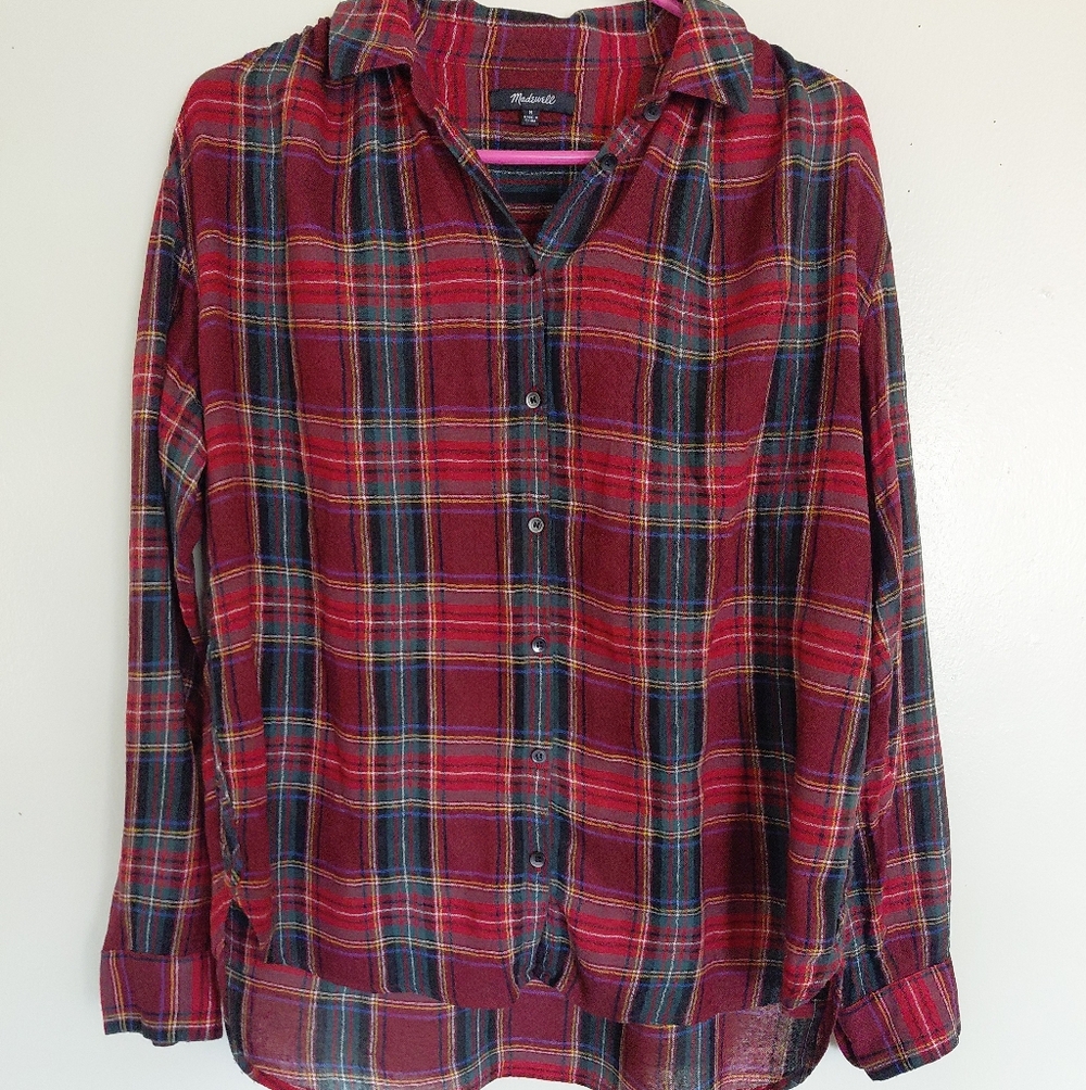 Madewell Women's Red Tartan Plaid Button down Shirt Blouse Size M
